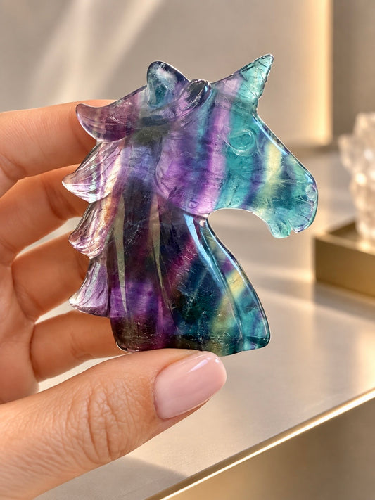 Fluorit Einhorn 7 cm – handgefertigte Kristallfigur für Klarheit & Fokus ✨