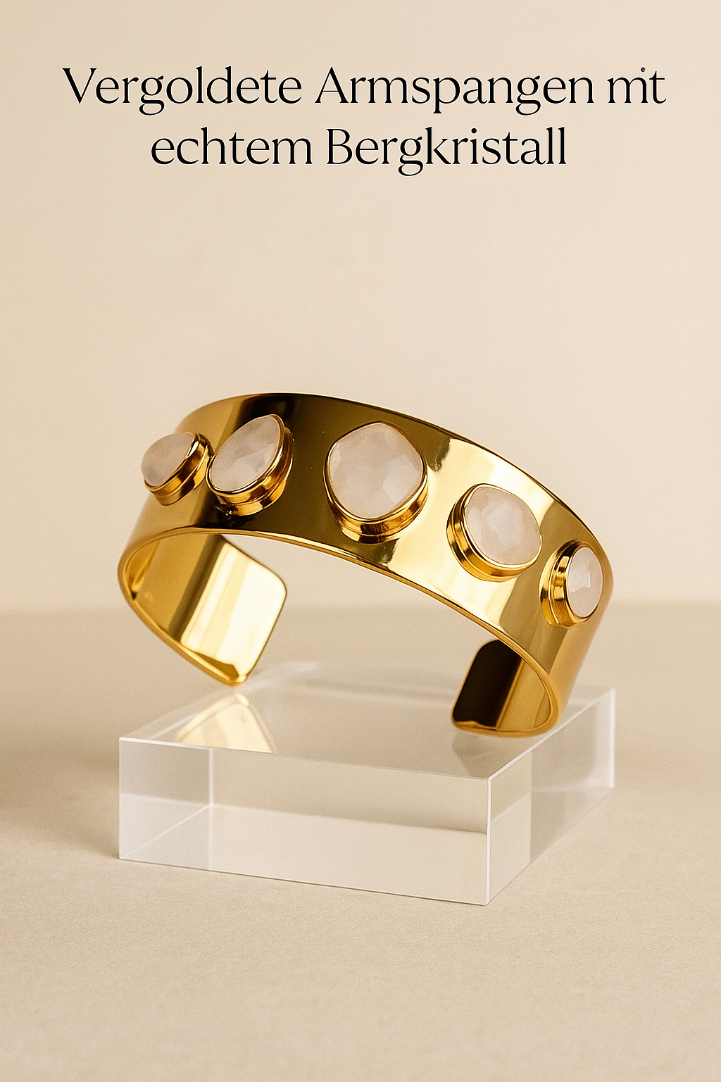 Exklusive 18-Karat-vergoldete Armspange mit fünf echten Bergkristallen – elegante Kristall-Energie
