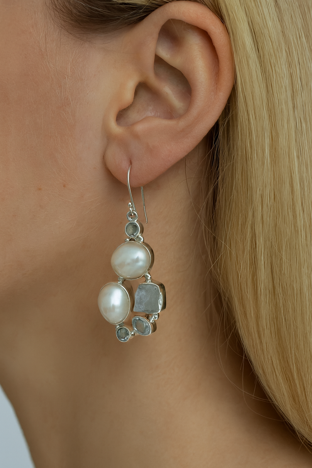925 Silber Ohringe mit echten Barockperlen & Aquamarin Kristallen | Länge 5 cm | Hochwertiger Schmuck