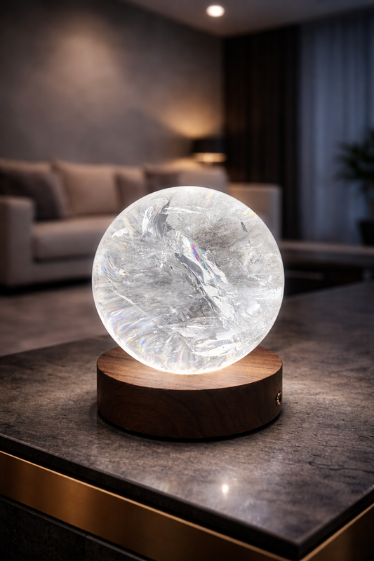 Runde LED-Lampe aus Nussbaumholz zur Beleuchtung von Kristallen & Edelsteinen