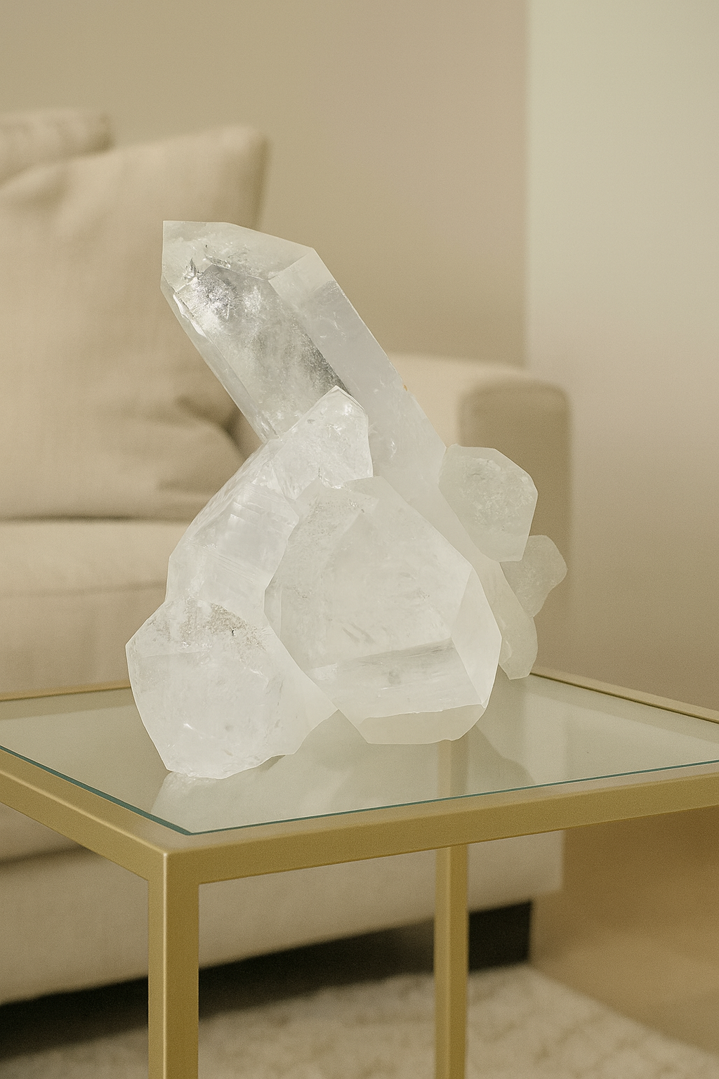 Lemurian Bergkristall Cluster mit fünf perfekten Spitzen & Lemurian Linien, 1,2 kg, 14 cm, extraklar – Minas Gerais, Brasilien