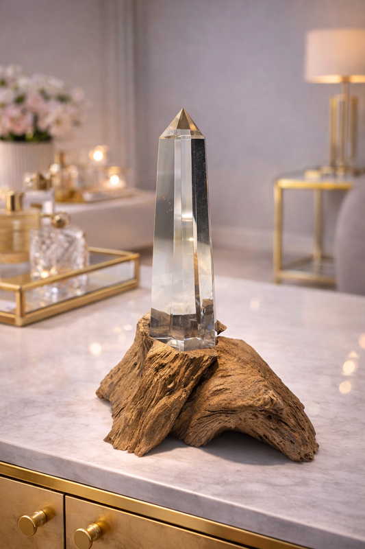 Bezaubernde Lemurian-Spitze 14,5 cm auf Holzsockel, absolut klar mit zartem Phantom im Innern