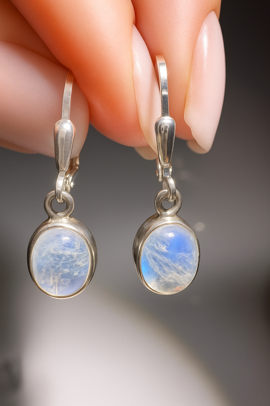 Mondstein Ohrringe 2,8 cm – Regenbogenmondstein in ovalem Schliff ✨