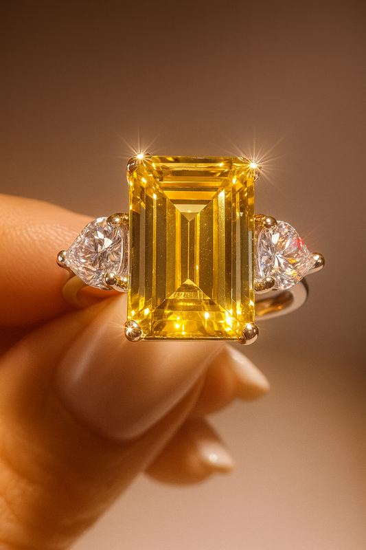 Citrin Ring mit zwei Moissanit-Herzen | Handgefertigter Schmuck in 925 Silber | Grösse 5–9 | Edelstein-Ring voller Liebe