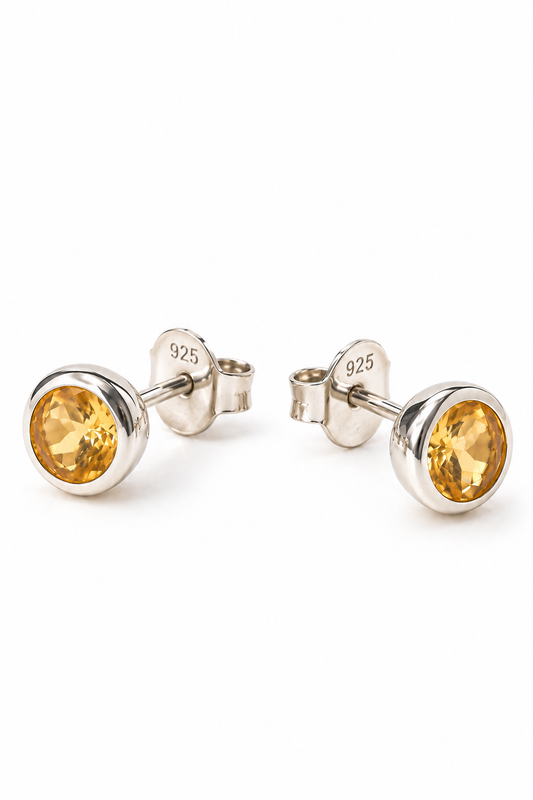 Echte Citrin Ohrstecker im Brillantschliff – 925 Sterling Silber, 5 mm