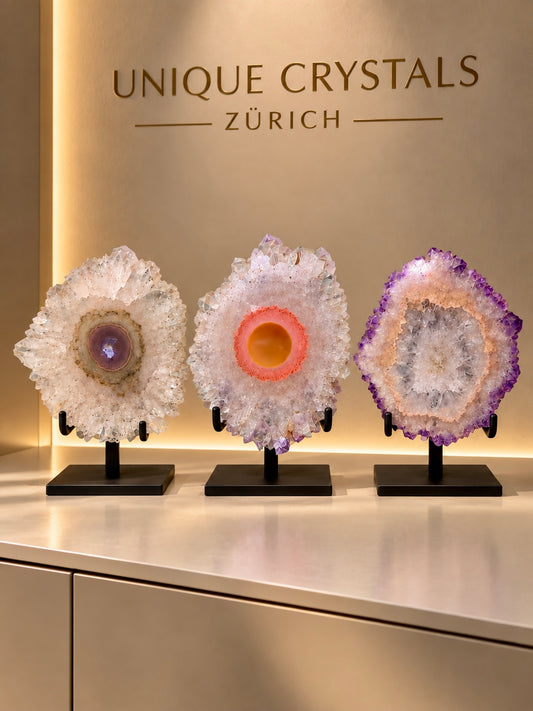 Fünf einzigartige Amethyst-Stalaktiten-Blüten in unterschiedlichen Farben und Formen