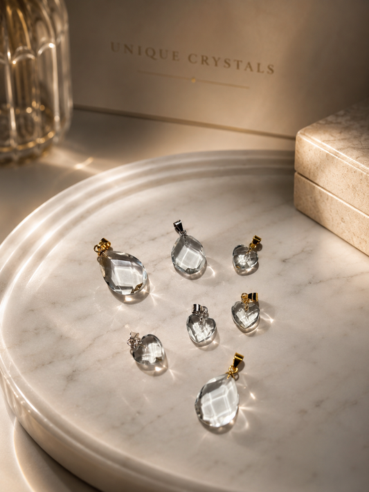 Facettierter Bergkristall Anhänger in Herz- oder Pear Cut-Form mit 925 Sterling Silber oder vergoldeter Öse