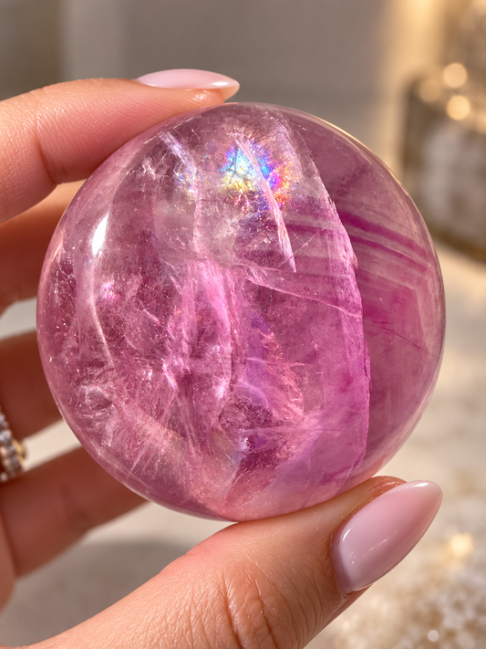 Fluoritkugel in Pink mit grossen Regenbogenreflexen und natürlichen Phantomen, Durchmesser 4,6 cm