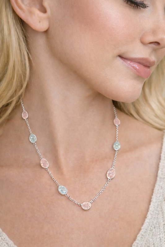 Handgefertigte Edelsteinkette mit Rosenquarz & Aquamarin