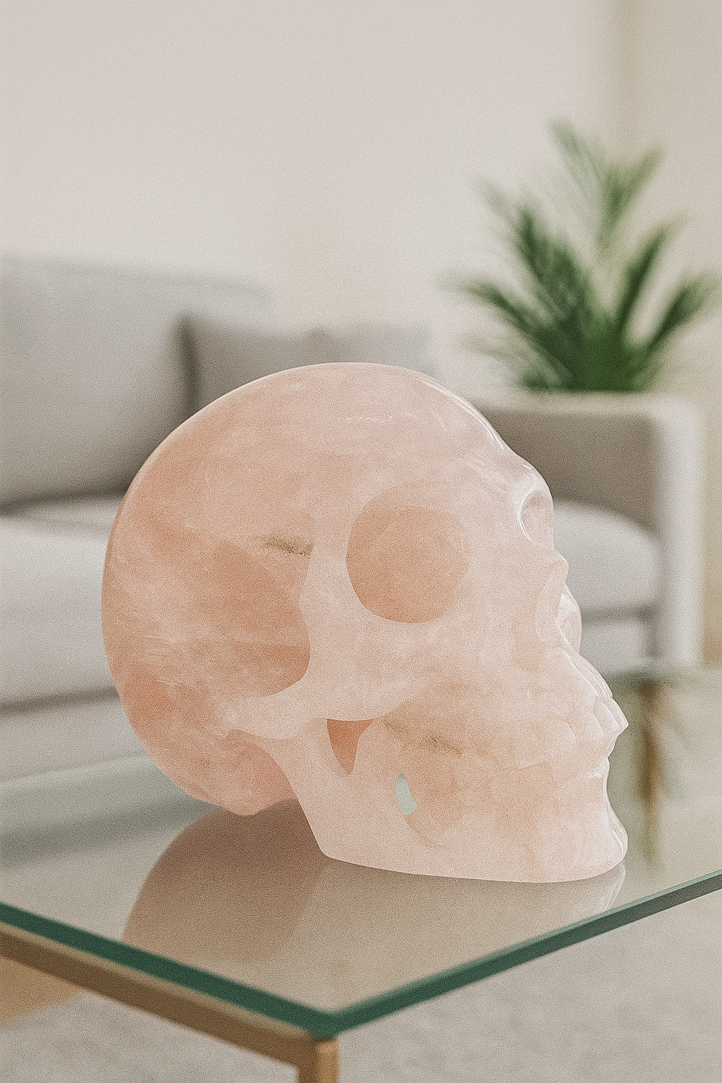 Handgefertigte Schädel-Skulptur aus Rosenquarz – 15 cm lang, 2.31 kg – perfekte Details und rosa Farbe
