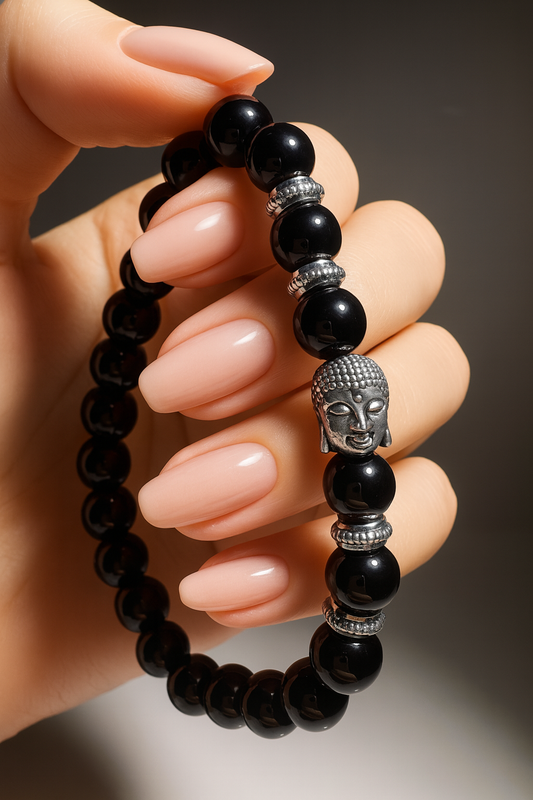 Handgeknüpftes Onyx oder Tigerauge Armband mit Buddha Charme