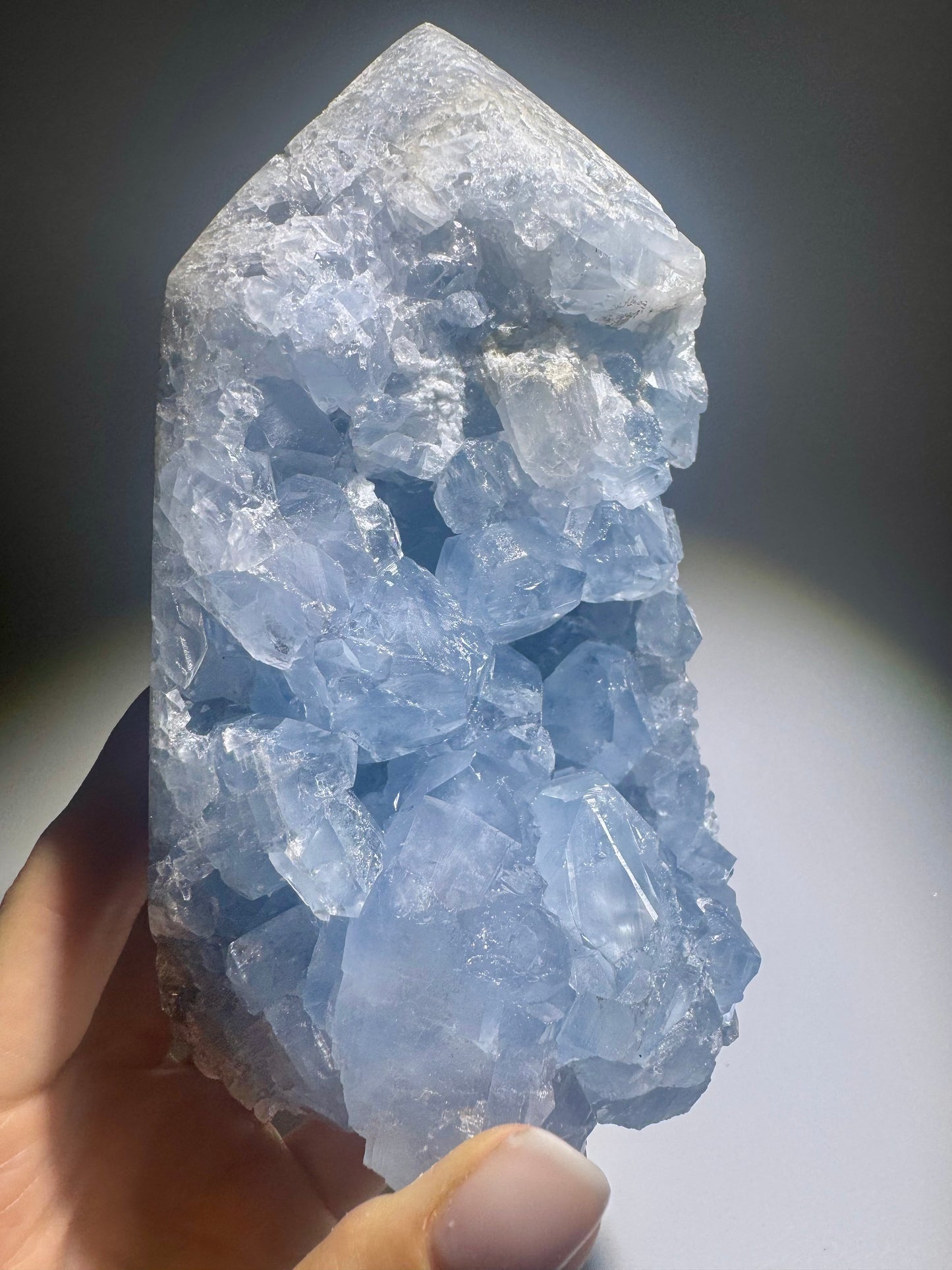 Celestin Kristallspitze 13.5 cm – seltener Edelstein mit leuchtend hellblauen Kristallen