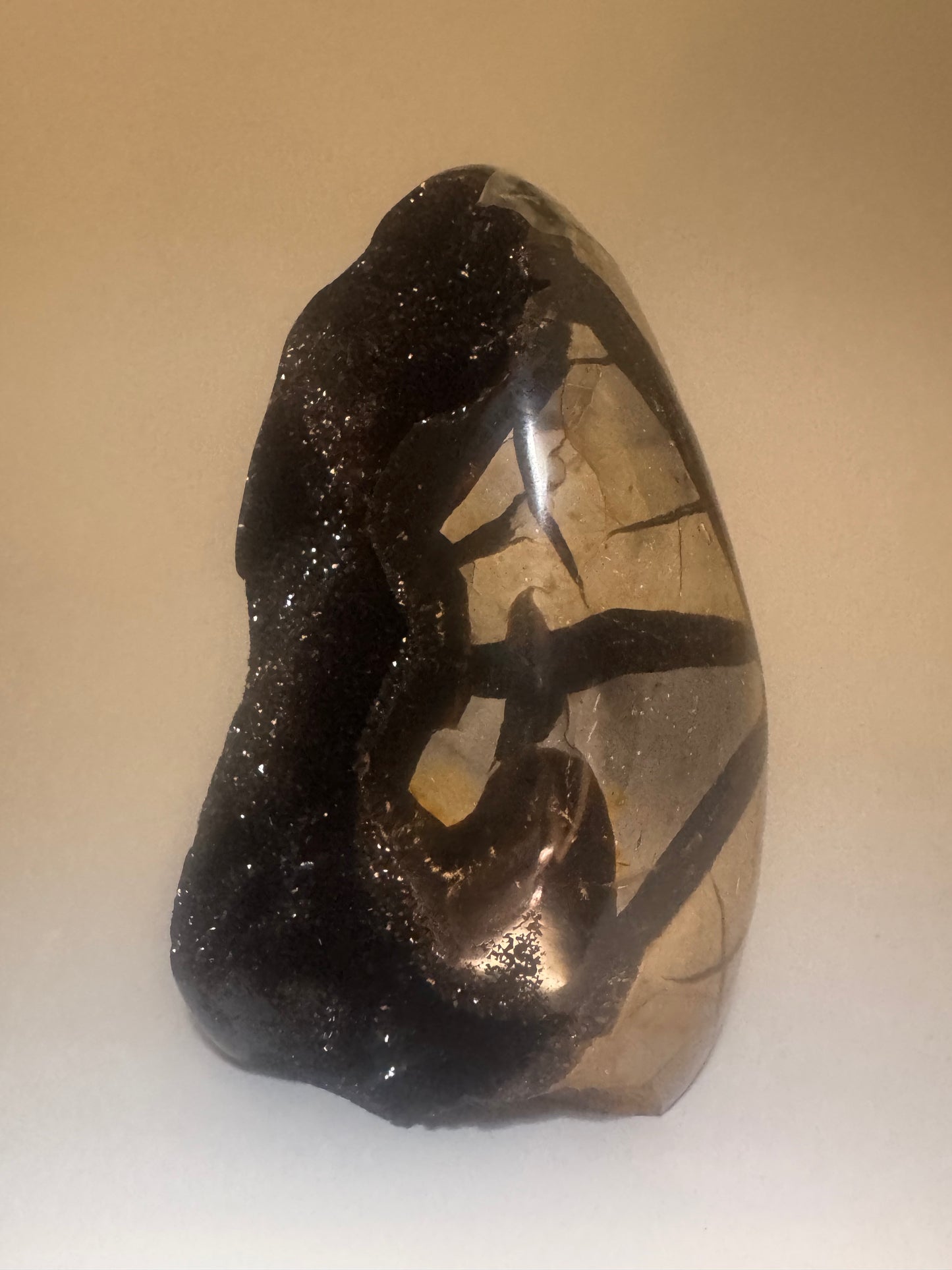 Septarien Drachenstein 12.3cm – Funkelnde Formation aus Madagaskar 🐉 Naturkristall mit Calcit & Aragonit