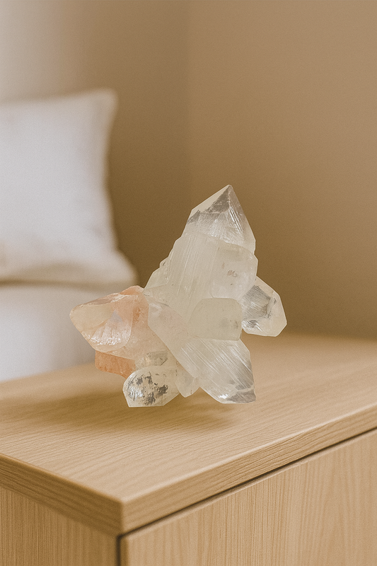 Apophyllite diamantée enchanteresse avec desmine 5x6 cm – 82 g, d'Inde, clarté brillante et structures fines