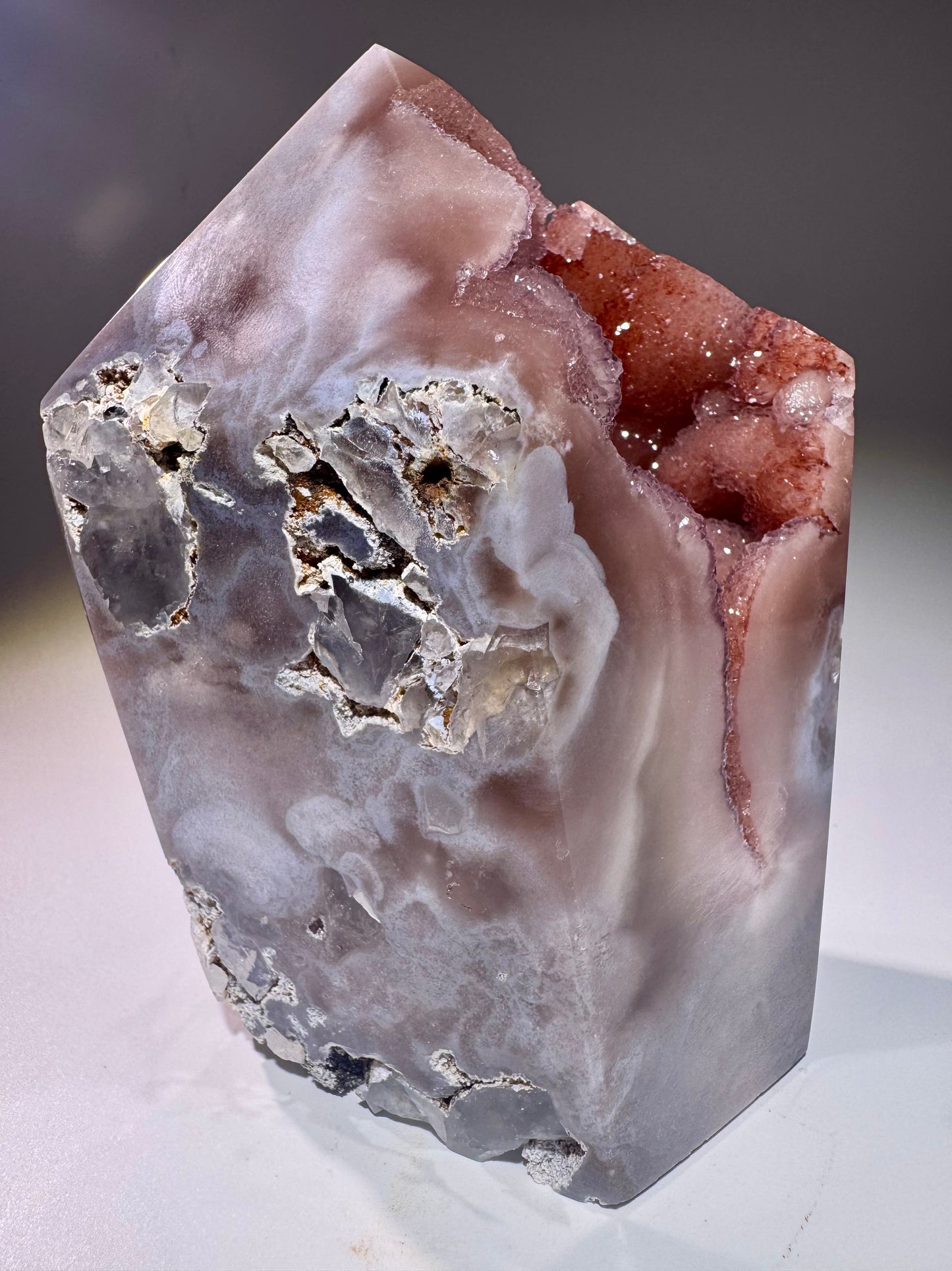 Exklusiver Pink Amethyst Turm 💗 12,5 cm – 1,01 kg – mit Bubble & Blumen-Kristallen