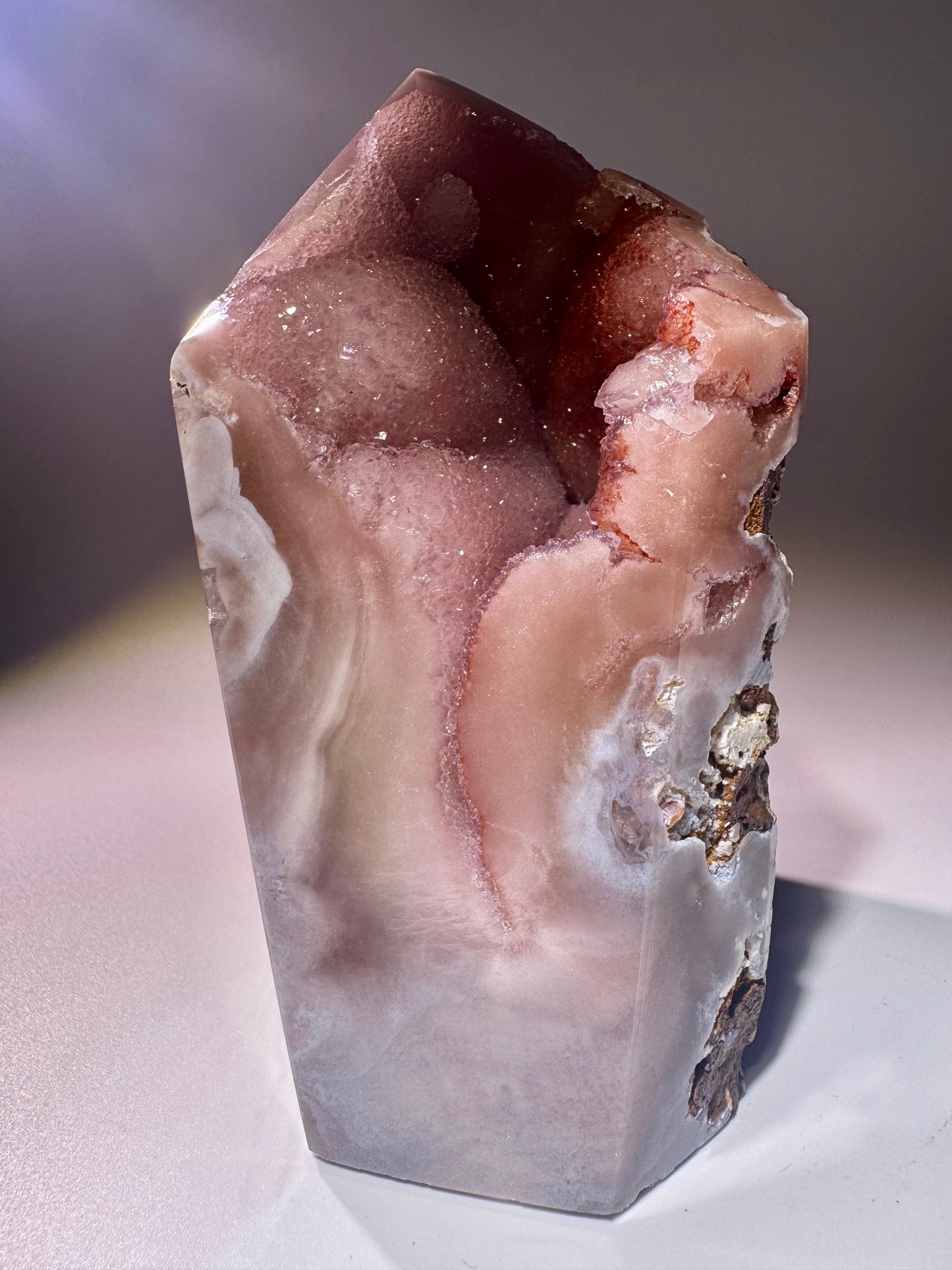 Exklusiver Pink Amethyst Turm 💗 12,5 cm – 1,01 kg – mit Bubble & Blumen-Kristallen
