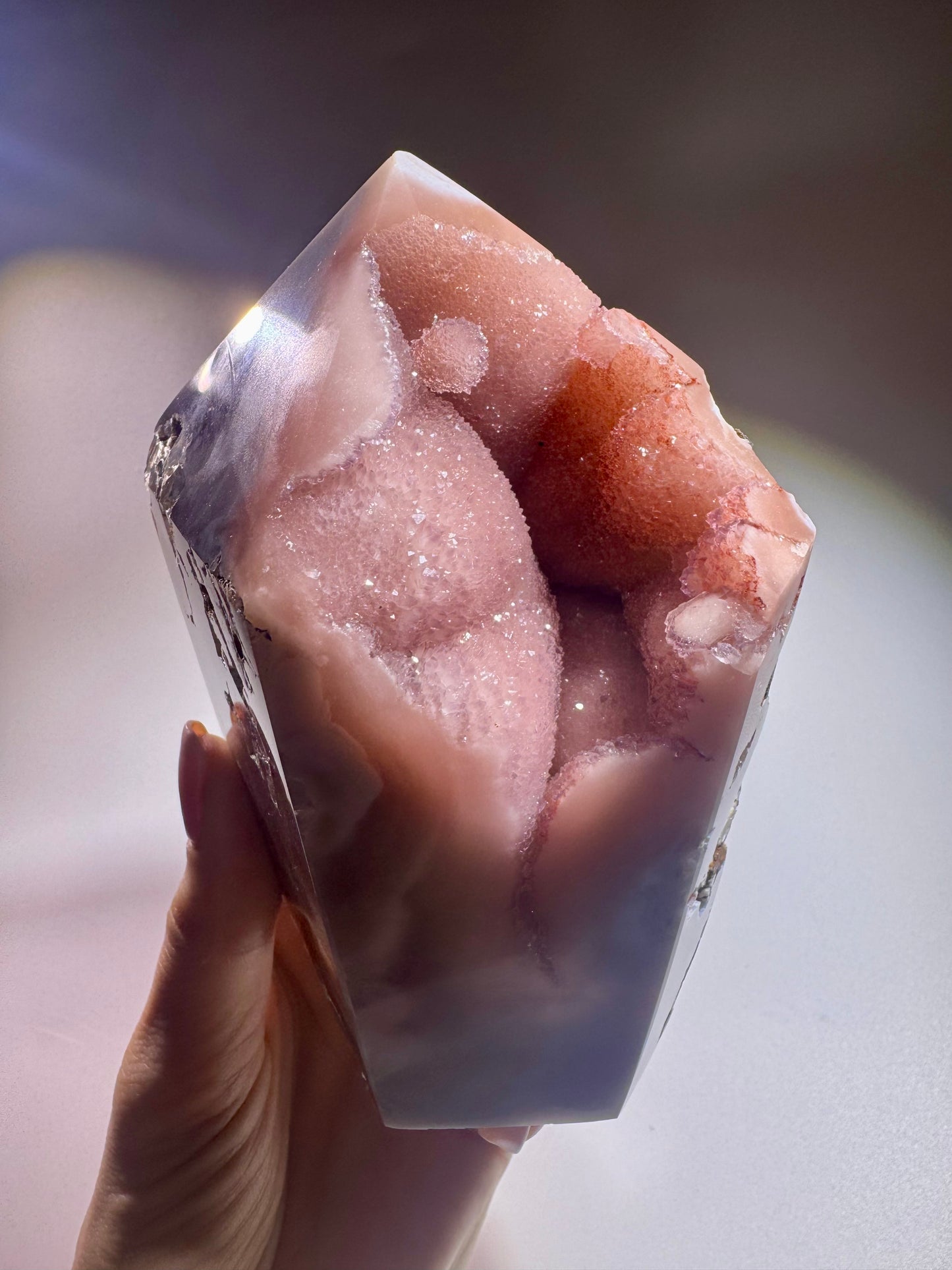 Exklusiver Pink Amethyst Turm 💗 12,5 cm – 1,01 kg – mit Bubble & Blumen-Kristallen