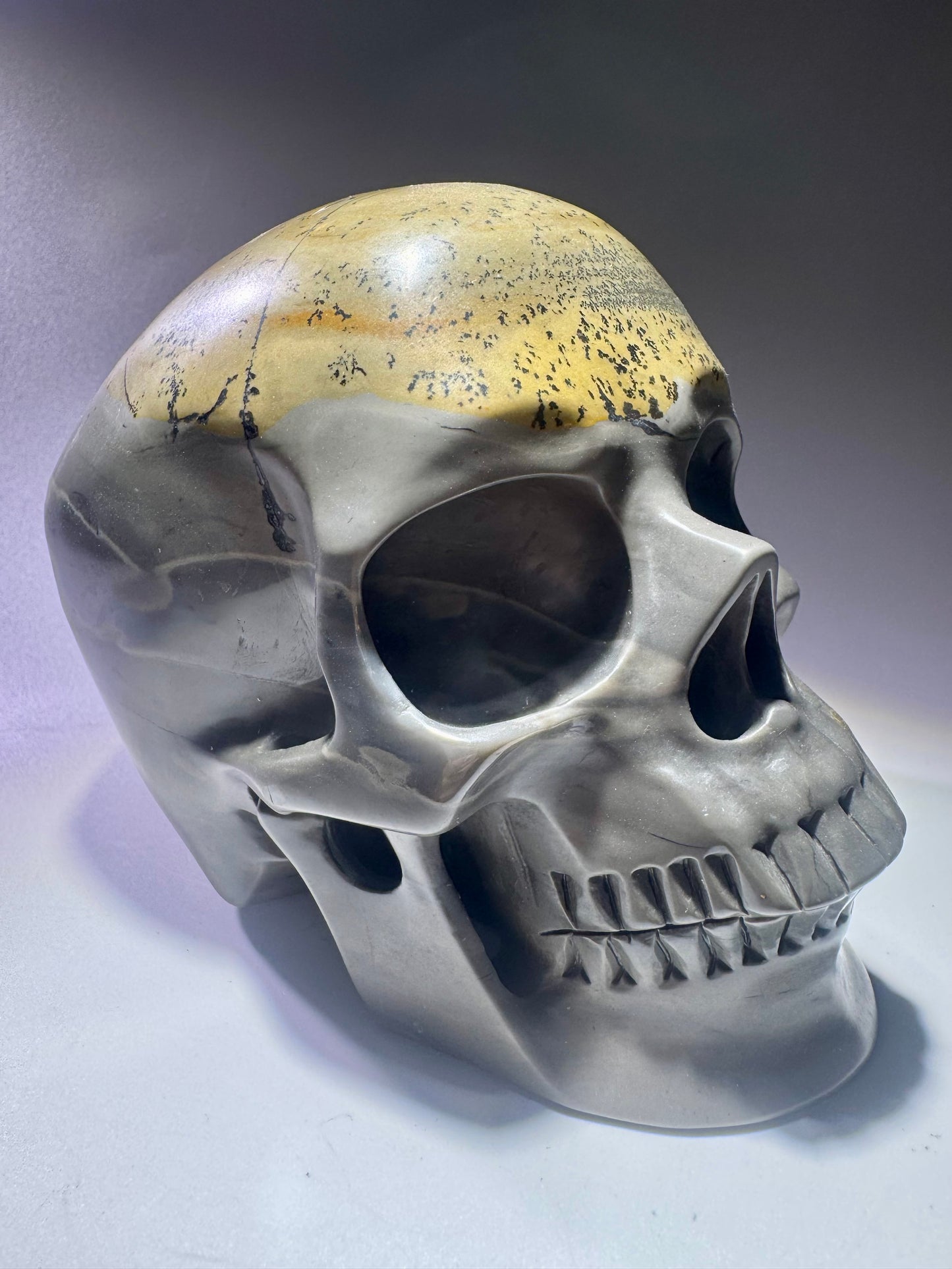 Totenkopf aus Picture Jasper – 12cm realistische Kristallskulptur 💀 – Natur pur in Stein verewigt