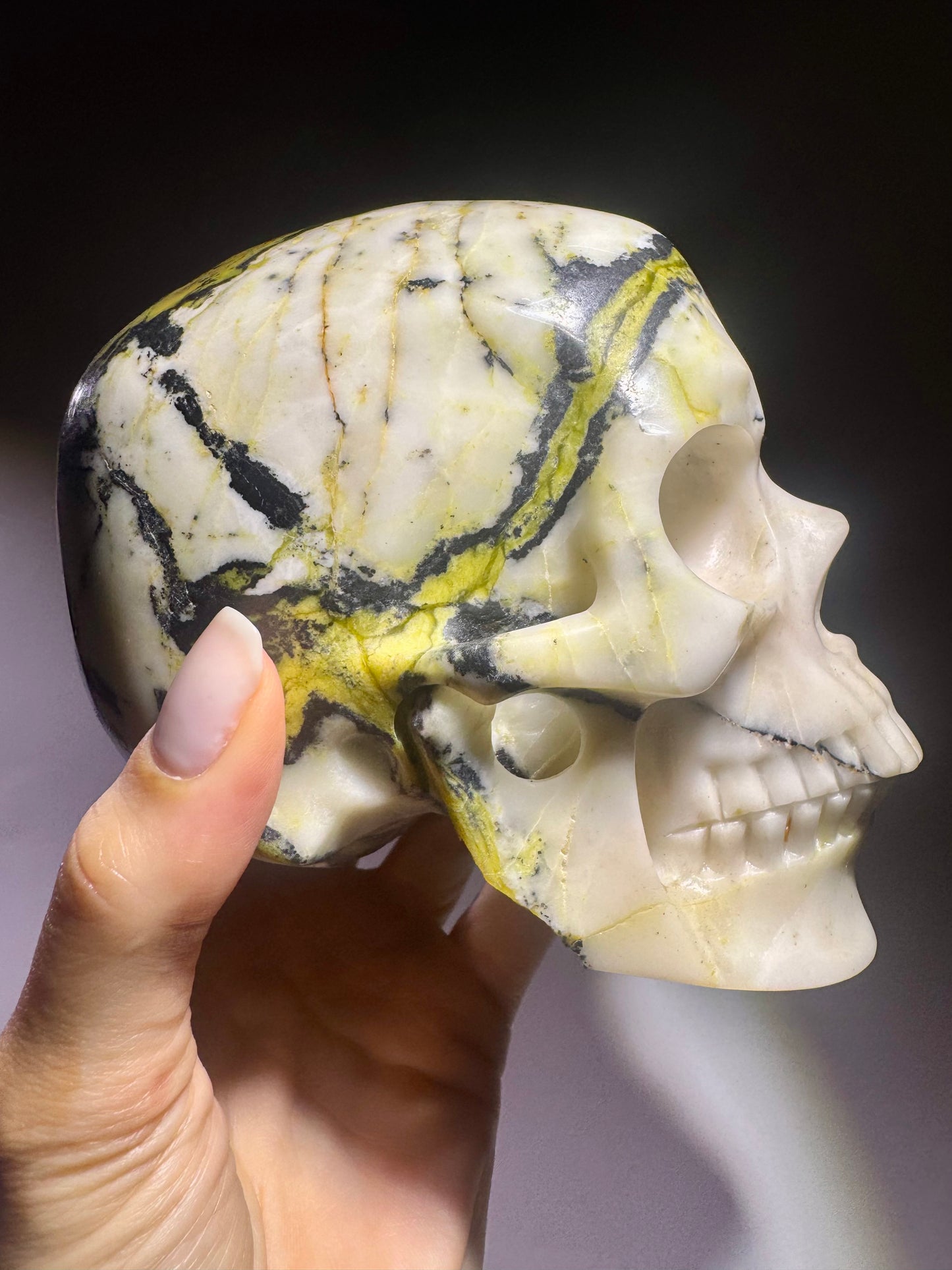 Superrealistischer Totenkopf aus Bumblebee Jaspis – 12 cm – Handgefertigtes Kristallkunstwerk 💀