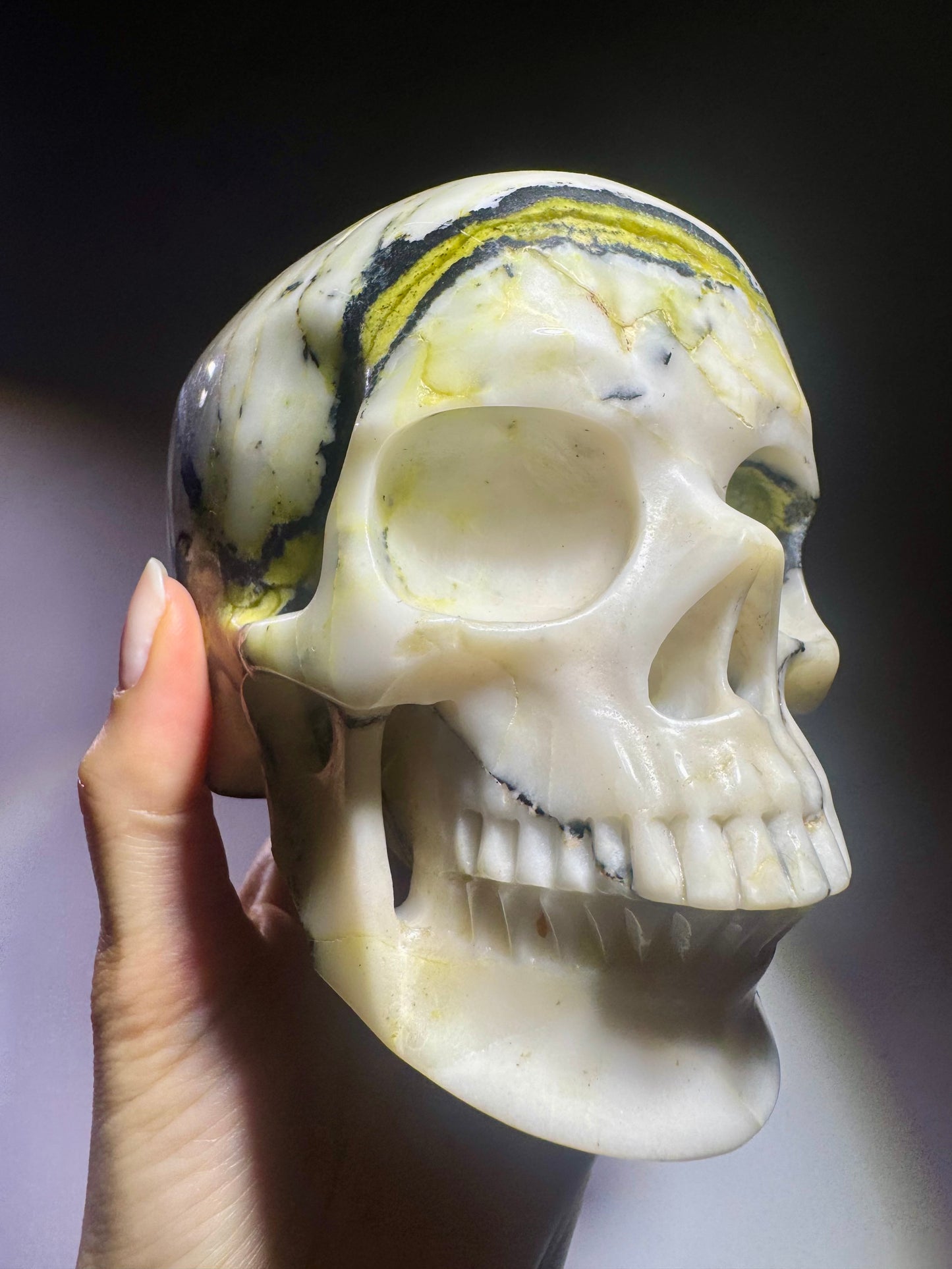 Superrealistischer Totenkopf aus Bumblebee Jaspis – 12 cm – Handgefertigtes Kristallkunstwerk 💀