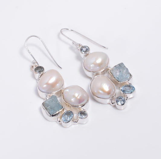 925 Silber Ohringe mit echten Barockperlen & Aquamarin Kristallen | Länge 5 cm | Hochwertiger Schmuck