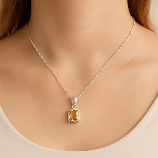 Citrin Anhänger Emerald-Cut 10x8 mm | 925 Silber Kette 45 cm | Handgefertigter Schmuck mit echtem Citrin