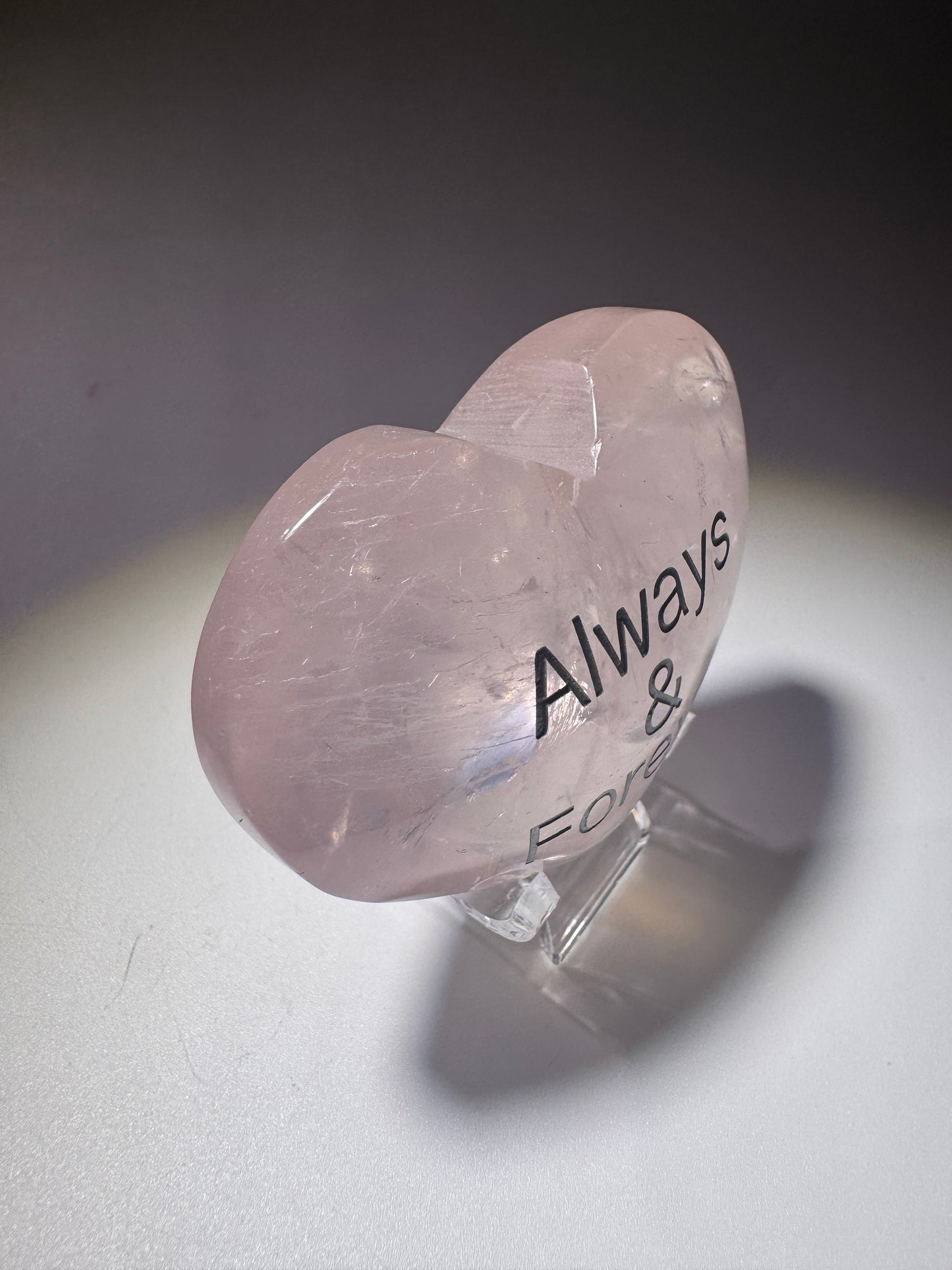 Ice Rosenquarz Herz 6 cm – graviert mit „always and forever“ in Silber