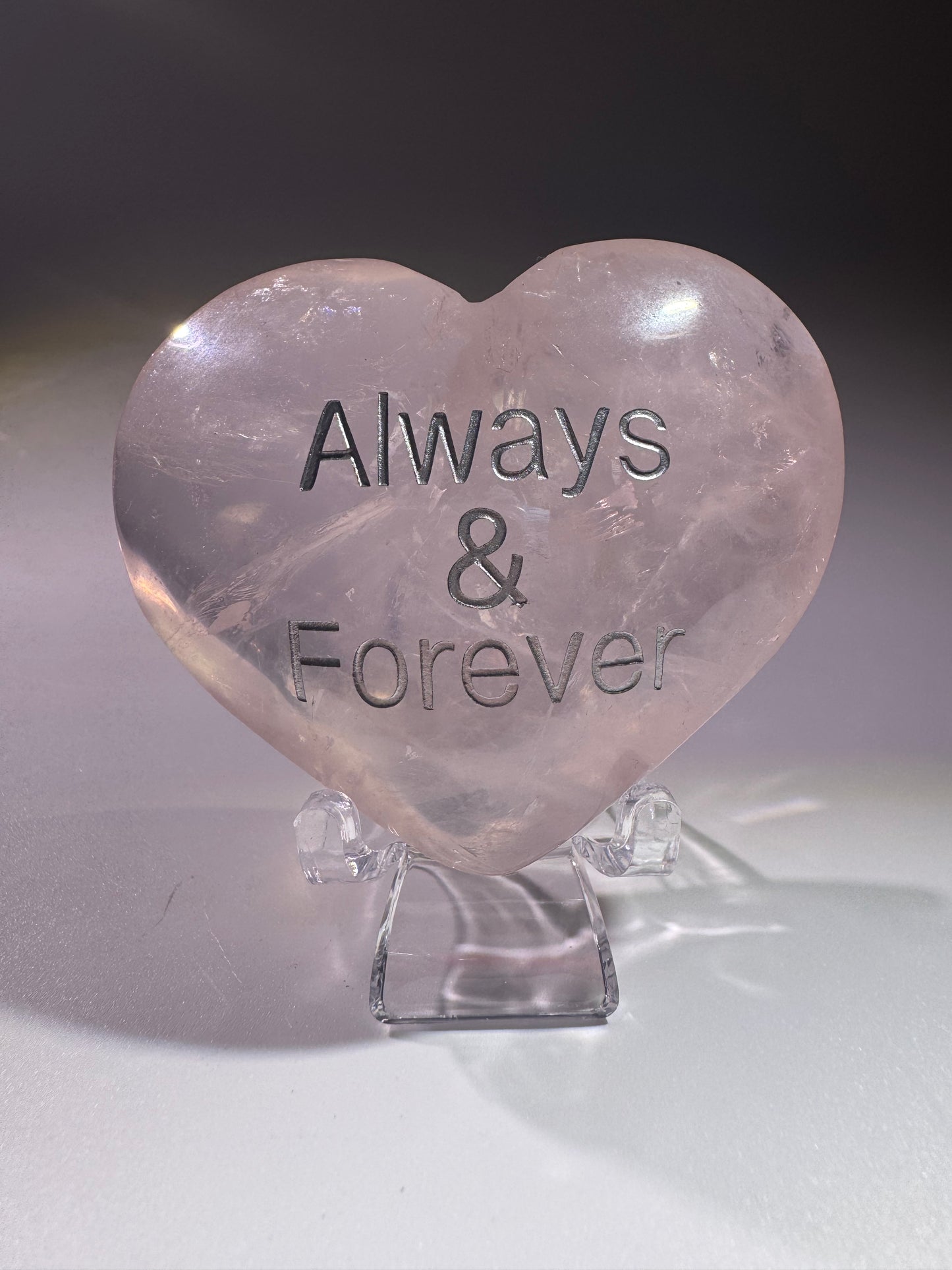 Ice Rosenquarz Herz 6 cm – graviert mit „always and forever“ in Silber