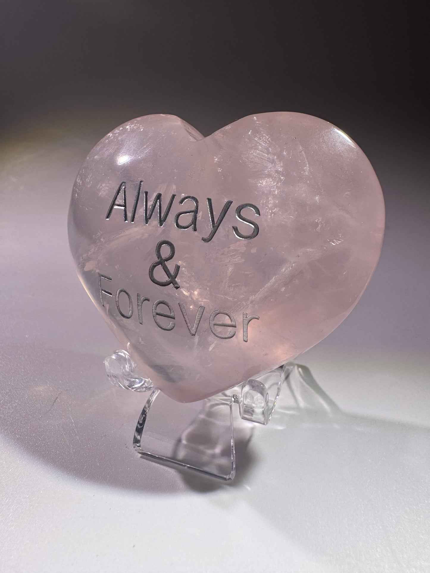 Ice Rosenquarz Herz 6 cm – graviert mit „always and forever“ in Silber