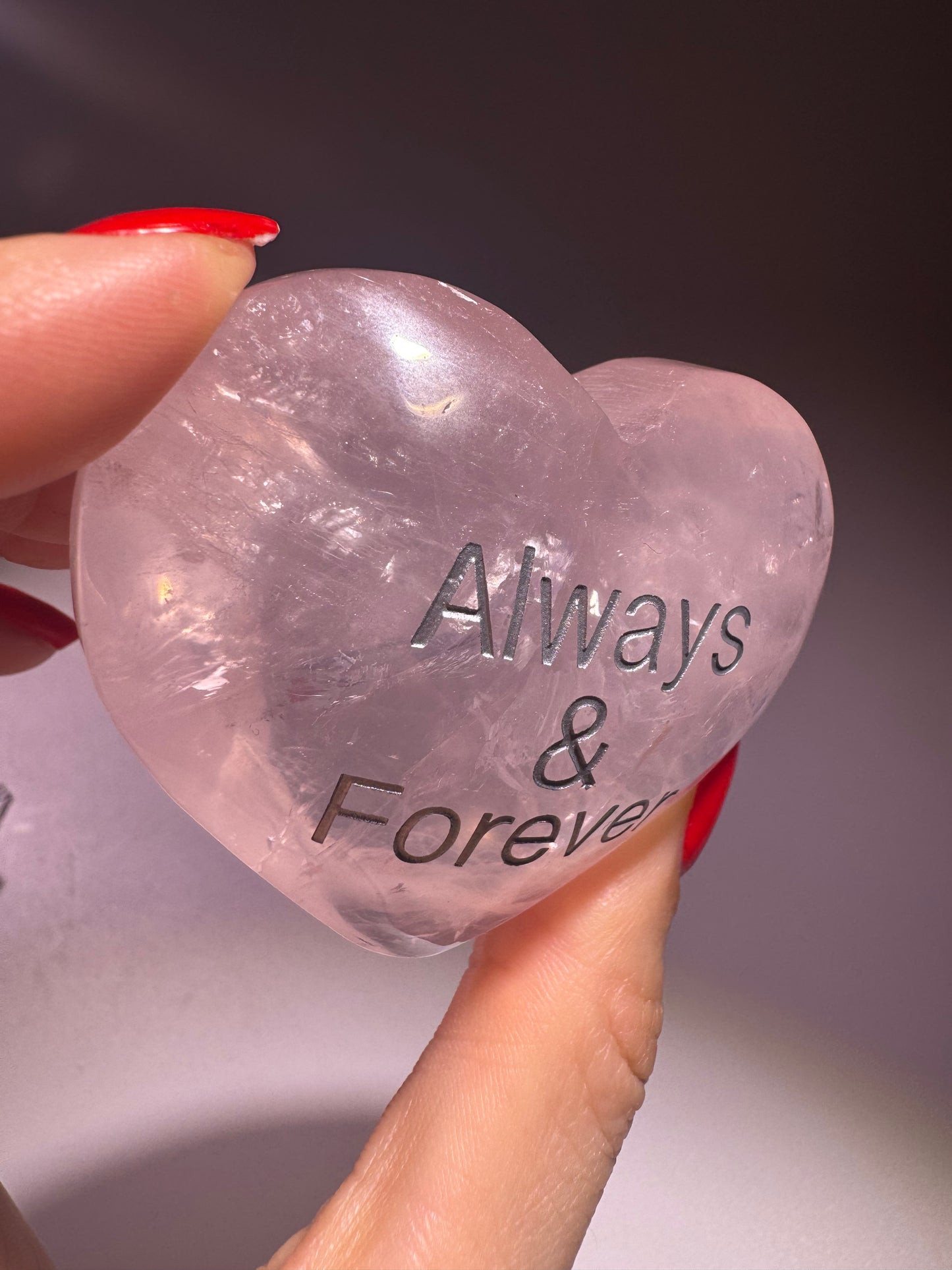 Ice Rosenquarz Herz 6 cm – graviert mit „always and forever“ in Silber
