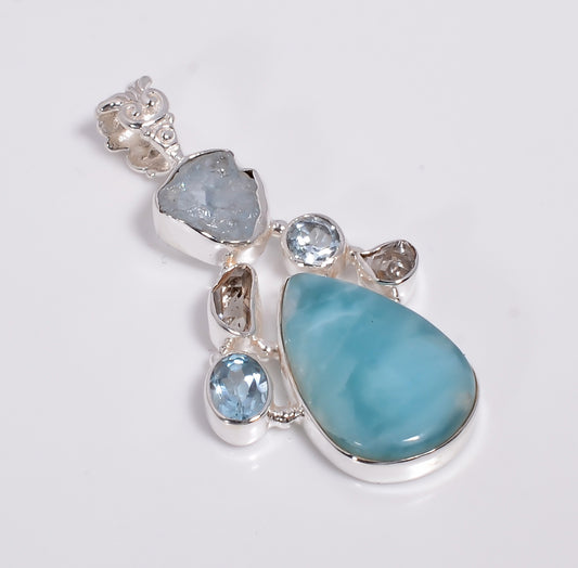 Larimar Anhänger 925 Sterling Silber – Handgemacht mit Aquamarin & Herkimer Diamond