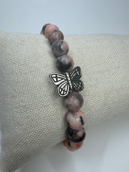 Bezauberndes Rhodonit Armband mit Butterfly - 17cm