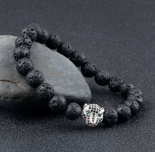 Exklusives Lavastein-Armband mit Silber Panther - ca. 18cm