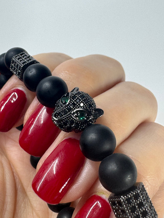 🖤 Stylishes Onyx-Armband mit Tiger-Anhänger 🐯 ca. 17cm