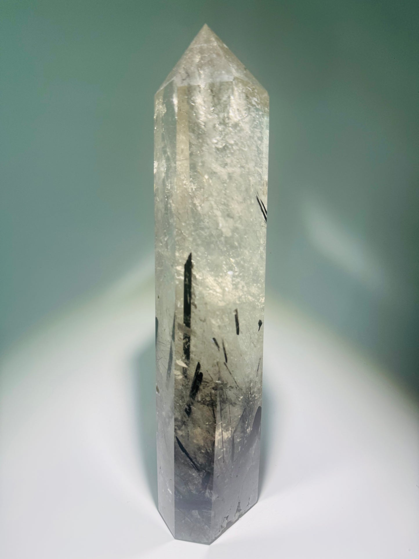 Huge rock crystal point with black tourmaline 29cm, 1.76kg