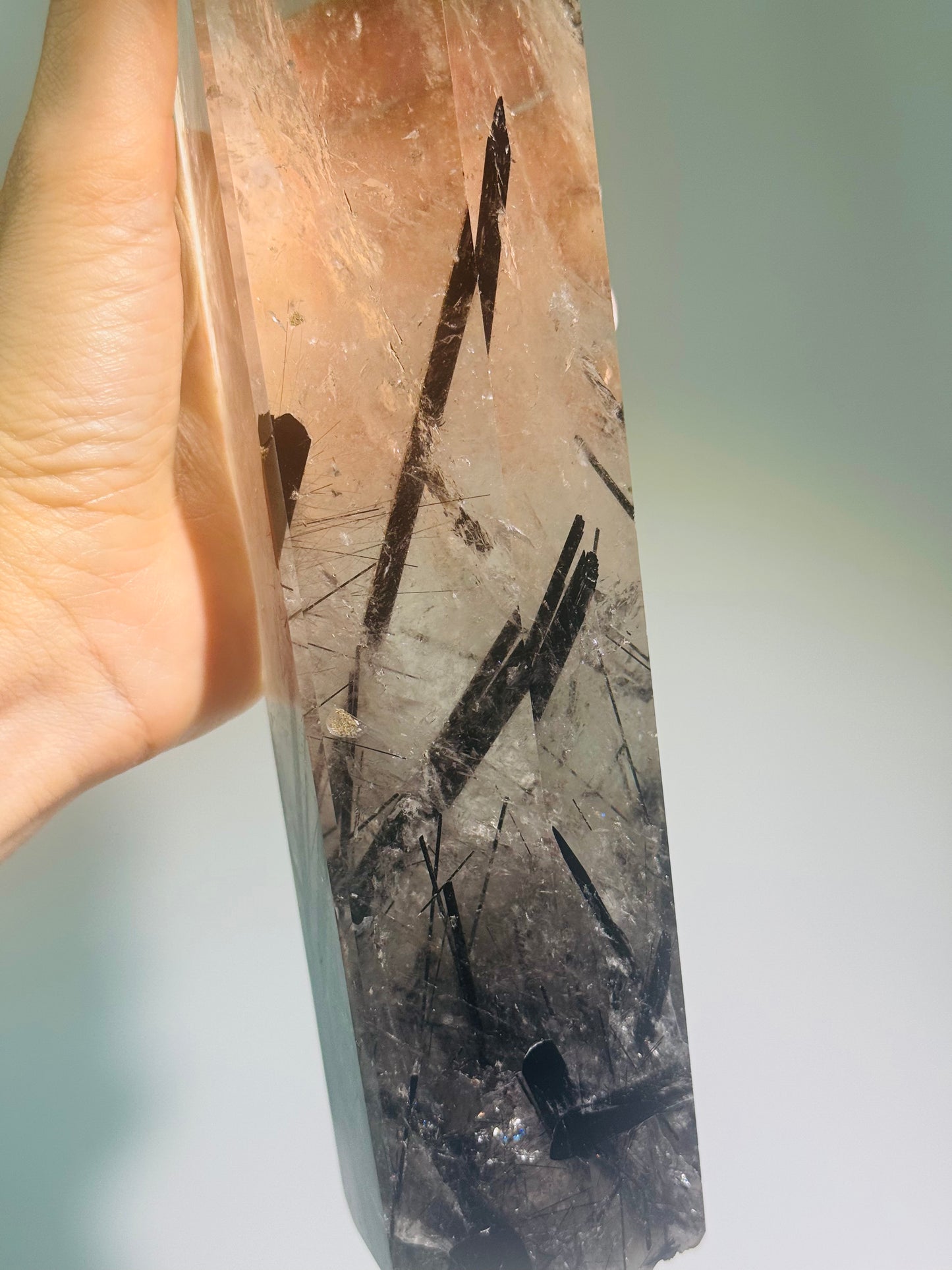 Huge rock crystal point with black tourmaline 29cm, 1.76kg