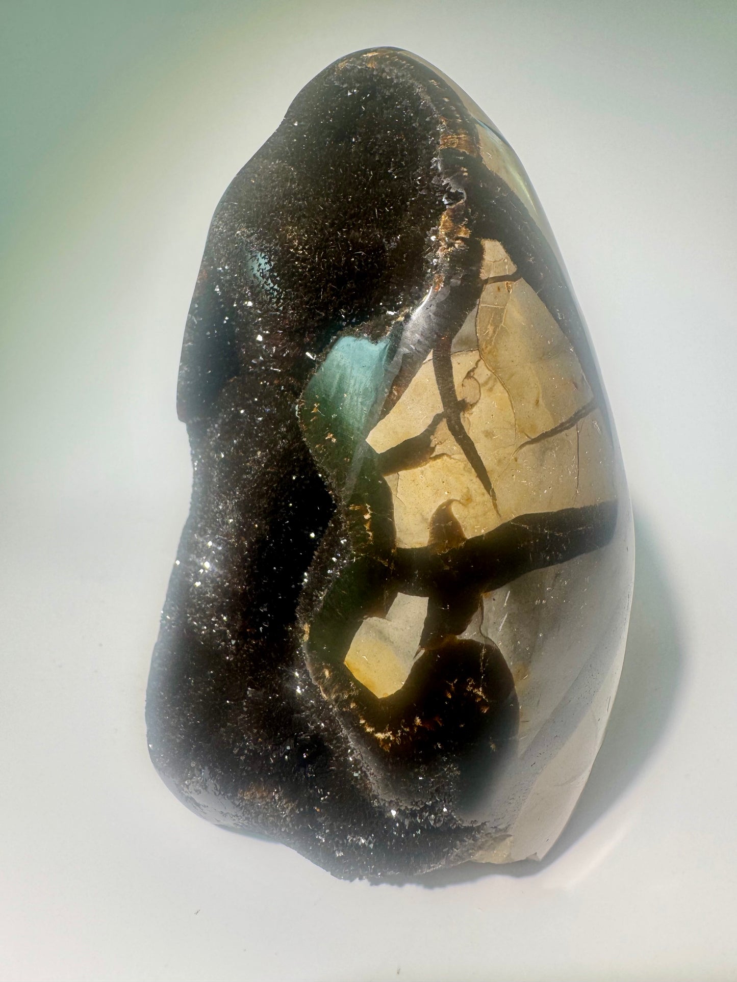 Septarien Drachenstein 12.3cm – Funkelnde Formation aus Madagaskar 🐉 Naturkristall mit Calcit & Aragonit