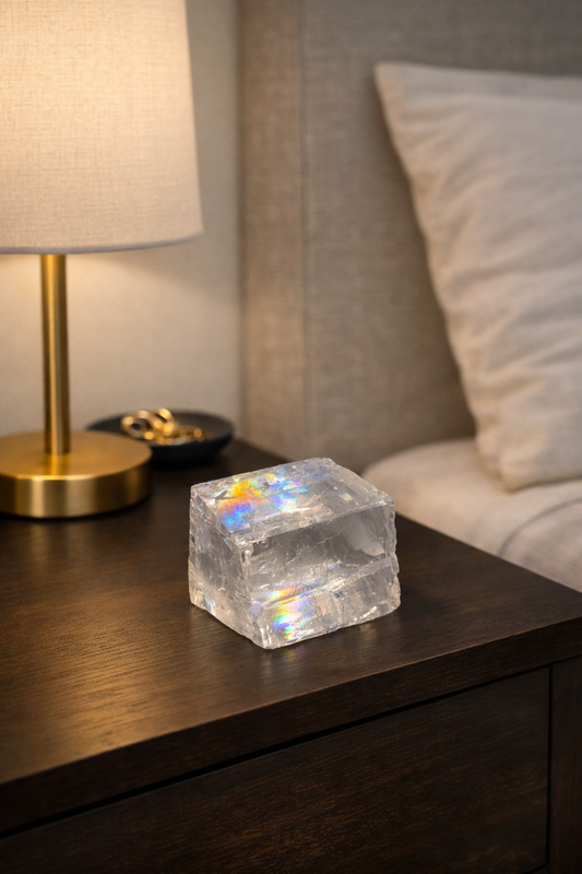 Kalzit Würfel naturbelassen mit faszinierendem Lichtspiel