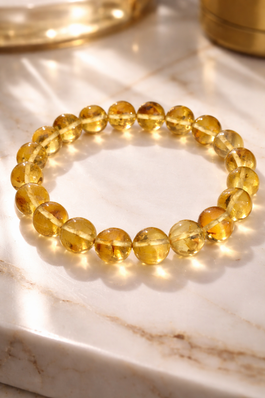 Klares Bernstein Armband – Fossil-Insekten sichtbar in Perlen