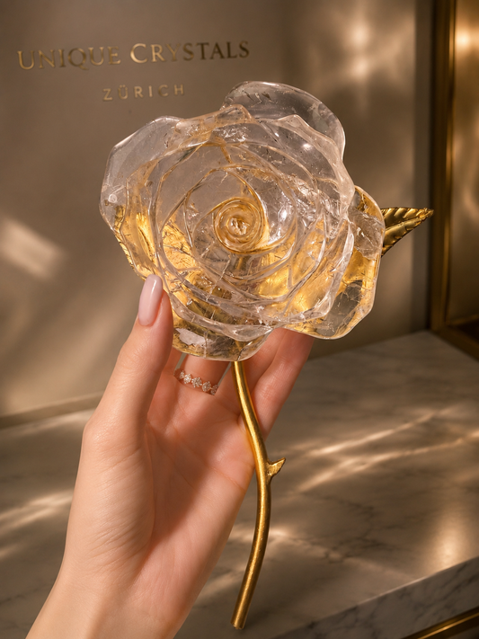 Kristallrosen aus Bergkristall und Rosenquarz, 8,5–8,8 cm, Handarbeit aus Brasilien