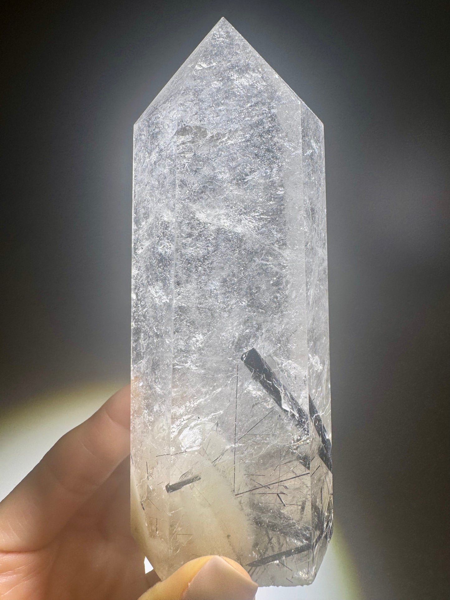 Kristallspitze mit Turmalin und goldenen Rutilnadeln – 356 g