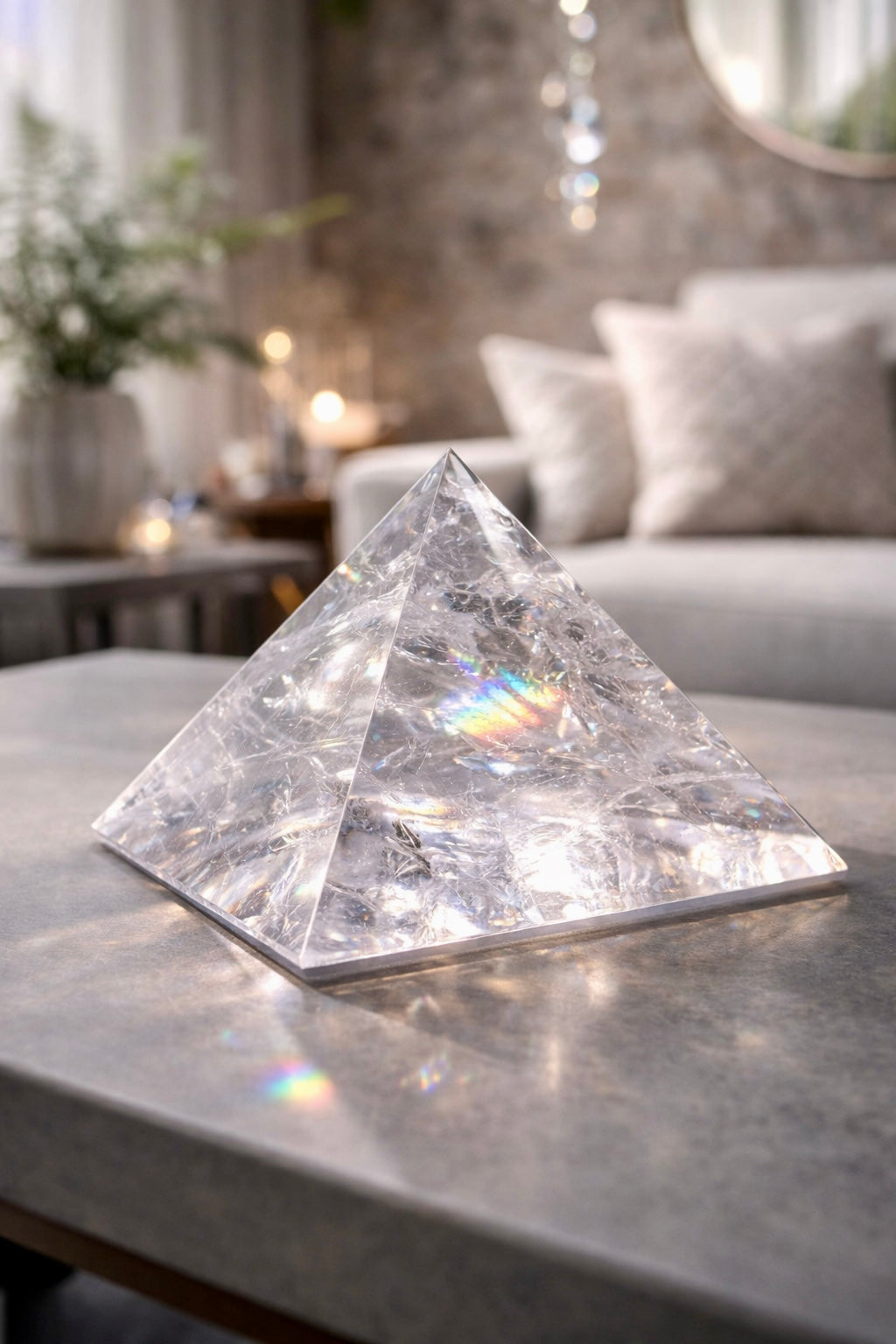Lemurian Bergkristall-Pyramide 12,5 x 12,5 x 10,5 cm 1,47 kg klare Kristallstruktur mit Regenbogen und natürlicher Energie