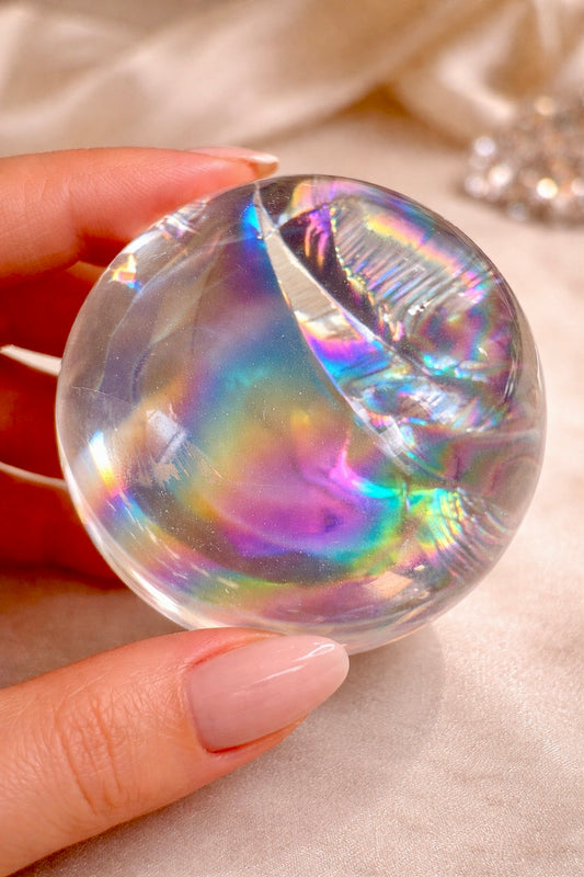 Lemurian Bergkristall Kugel 5.2 cm, 205g – ultraklar mit vollem Regenbogen