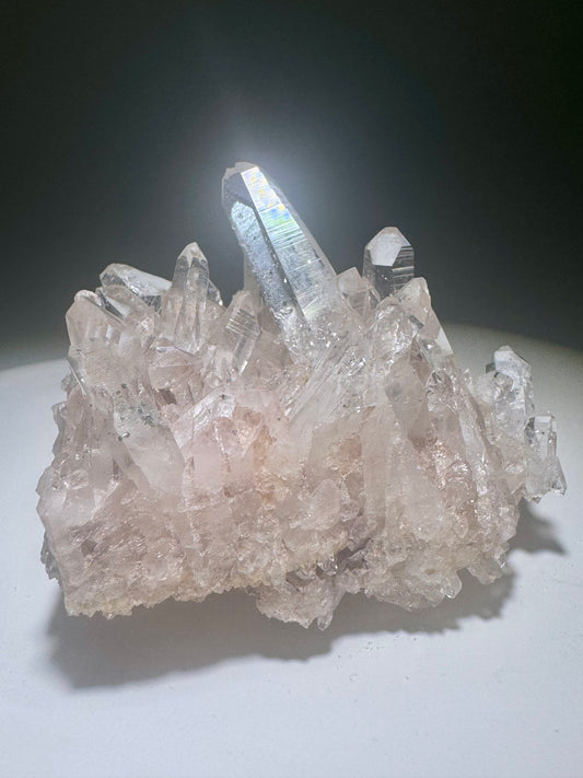 Pink Lemurian Kristall Cluster mit klaren Spitzen und sanftem Rosa