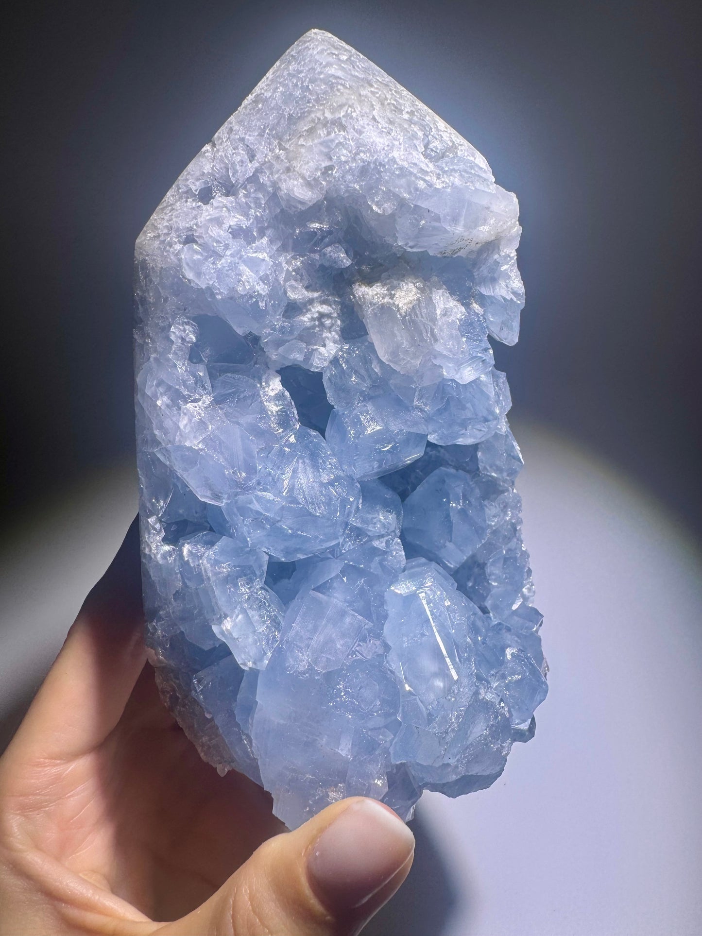 Premium Celestin Kristall 13.5 cm – hellblauer Edelstein aus Madagaskar in seltener Klarheit