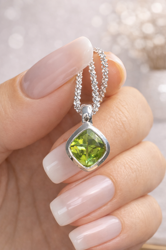 Quadratischer Peridot-Anhänger, 1,4 cm, facettiert und in 925 Silber gefasst. Handgefertigt in Premium-Qualität, edel und zeitlos, geliefert in CUNY Crystals Schmuckschatulle.