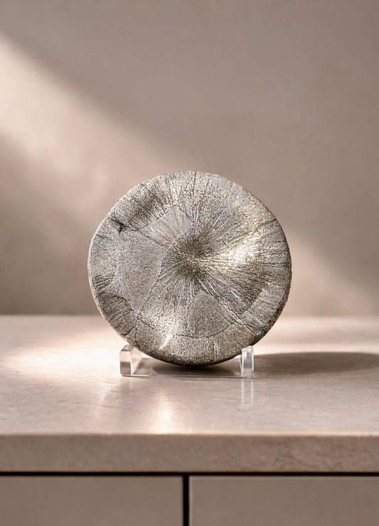 Runde Pyritsonne 8.5 cm 120 g mit gleichmässiger Strahlenstruktur aus Illinois USA naturbelassenes Mineral in Sammlerqualität