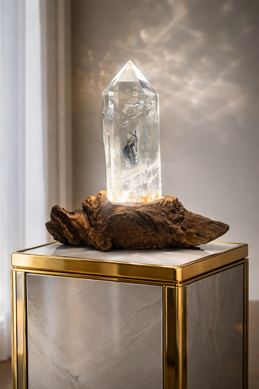 Ultraklare Bergkristallspitze mit Naturwurzel und LED-Licht – Premium-Qualität