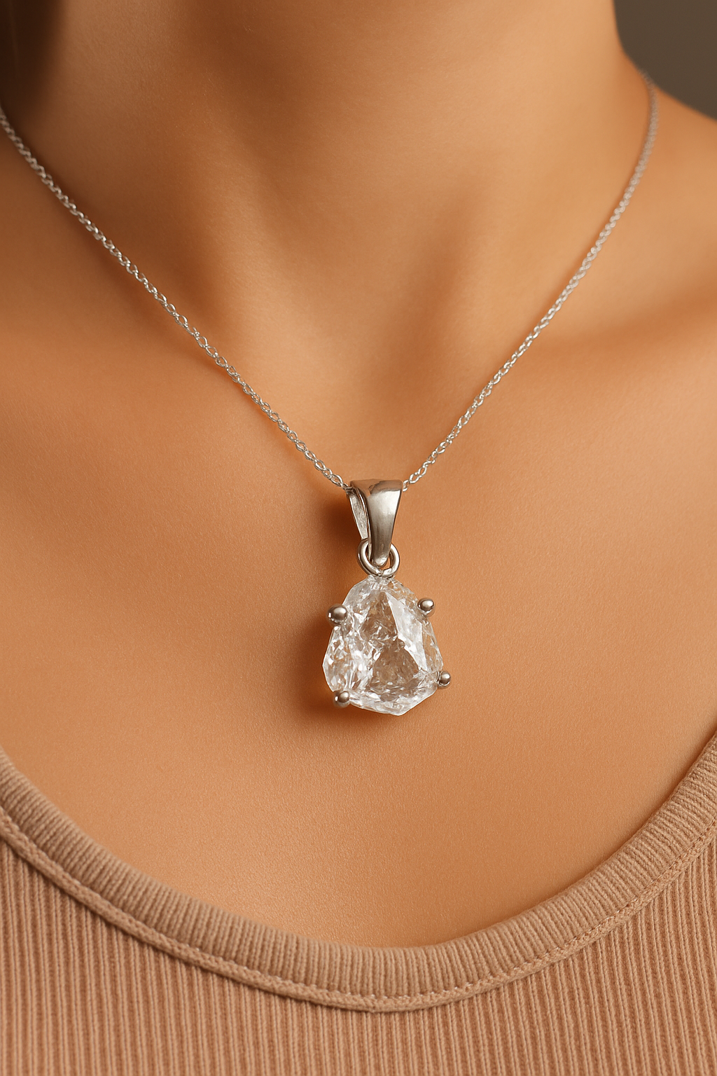 Herkimer Diamond Anhänger mit Regenbogen – Naturkristall in 925 Silber inkl. 46 cm Box-Chain Kette