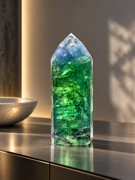 Seltene mintgrüne Fluoritspitze – 10.5 cm, 285 g – mit Phantomen aus Brasilien 💚✨